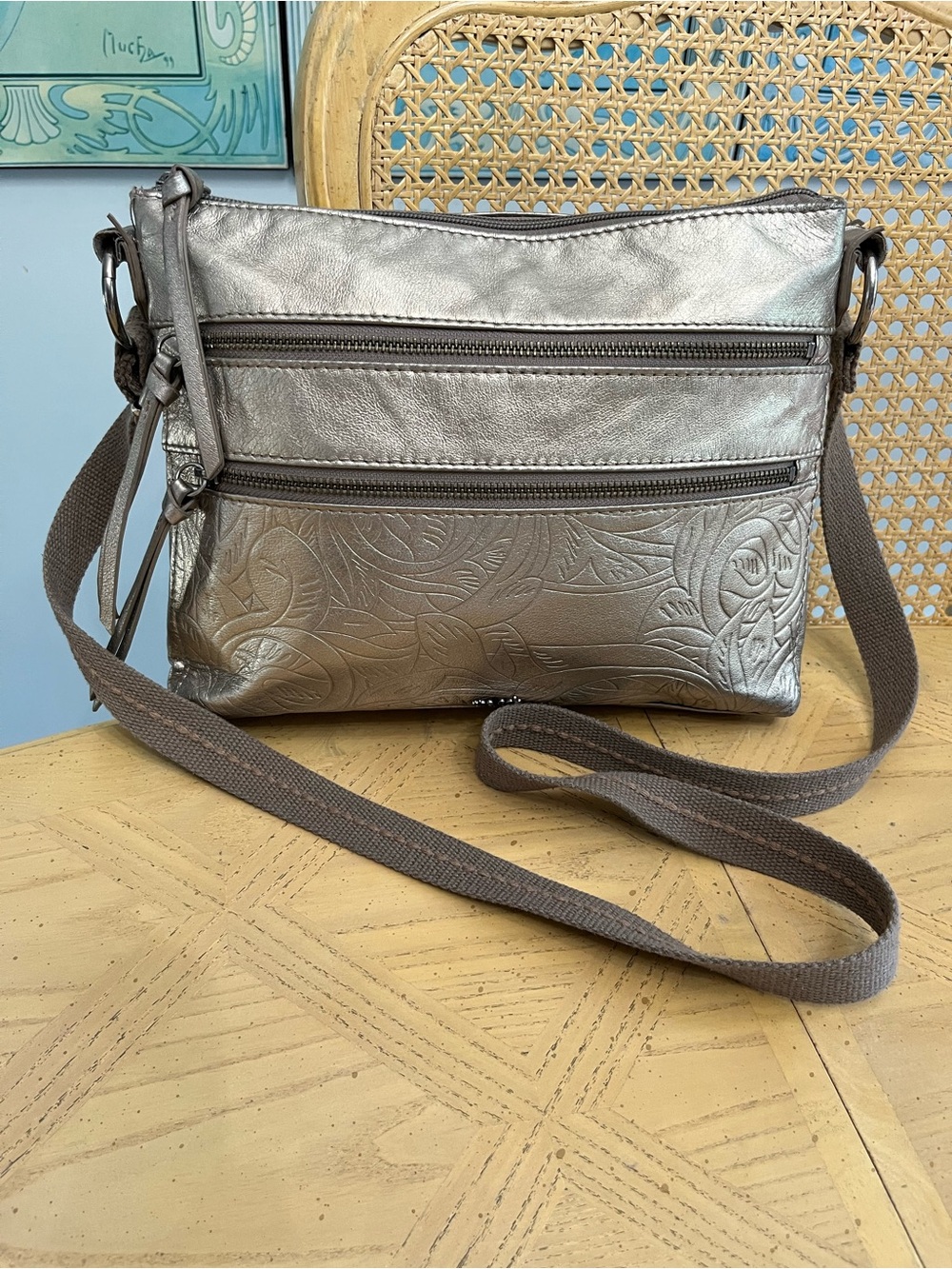 The Sak Soft Golden Metallic Tooled Leather Crossbody Handbag